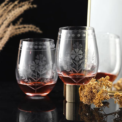 Joeyan Hand Blown Etched Stemless Wine Glasses, Carved Red and White Wine - Image 5
