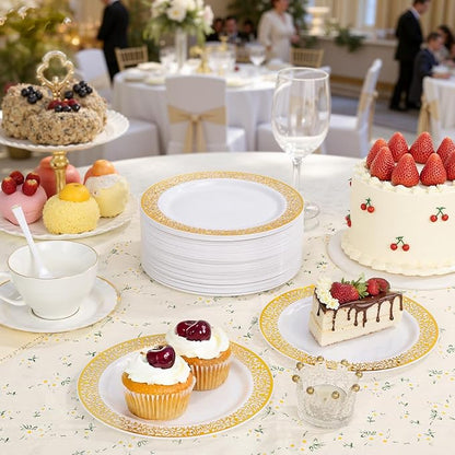 WDF 100pcs Gold Dessert Plates 7.5" with 100 Pieces Disposable Forks 7.4", Lace Design Fancy Appetizer Small Salad and Cake Plates for Thanksgiving Party/Weeding