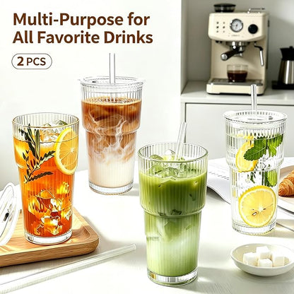 2PCS 20oz Glass Cups with Lids and Straws, Iced Coffee Cups with Lids, Stylish - Image 2