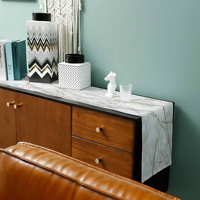 Marble Table Runner-Cotton Linen-Long 90 inche White Gray Gold Dresser Scarves - Image 3