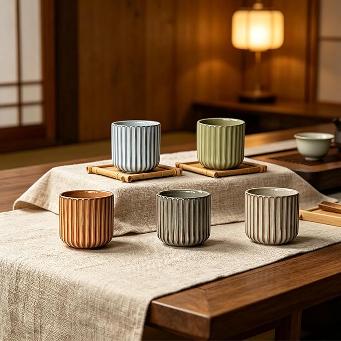 Japanese Ceramic Mug, Vintage Tea Cup 6oz Striped Cup No Handle Drinking Cup - Image 2