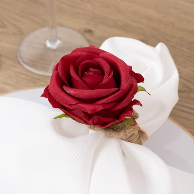 Efavormart 4 Pack Red Silk Rose Flower Wooden Napkin Rings, Rustic Boho Chic - Image 5
