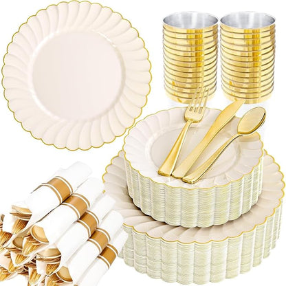YOUBET 350PCS Ivory Scalloped Plastic Plates - Ivory and Gold Disposable Dinnerware Set Include 100 Plates, 150 Gold Silverware, 50 Cups, 50 Napkins for Wedding & Party