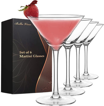 Bella Vino Set of 6 Martini Glasses, Cosmopolitan Margarita Glass Cups by BellaVino