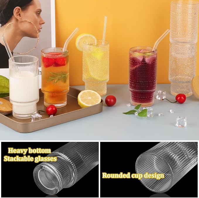 Glass Cups Set with Straw/Bamboo Lid, 12 oz Stackable Serving Drinking Glasses - Image 7