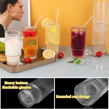 Glass Cups Set with Straw/Bamboo Lid, 12 oz Stackable Serving Drinking Glasses - Image 7