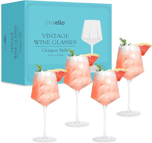 Crutello Vintage Wine Glasses Set of 4-18 oz Glass Sets - Fancy Unique Art Deco Glassware - Long Stemmed Fun Drinking Glasses for Red and White Wine, Cute Cocktail, or Fun Mocktails