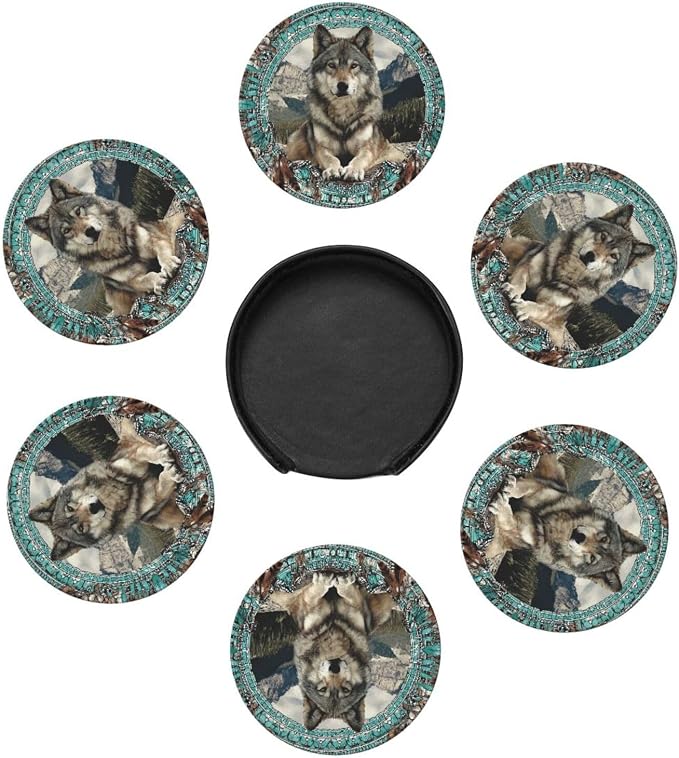6 Pack Native American Wolf Turquoise Leather Coasters - Image 2