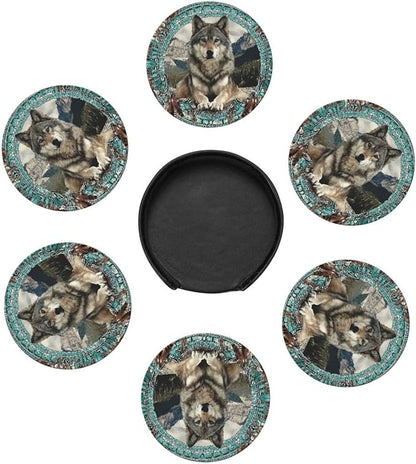 6 Pack Native American Wolf Turquoise Leather Coasters - Image 2