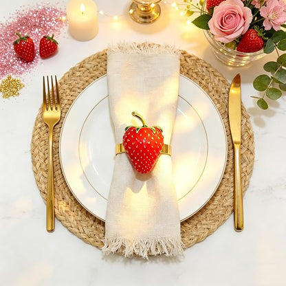 Strawberry Napkin Rings Set of 12 Red Enamel Berry Napkin Holder - Image 2