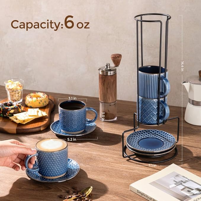 GBhome 6 OZ Stackable Coffee Mugs Set of 4, Ceramic Espresso Coffee Cups | - Image 2