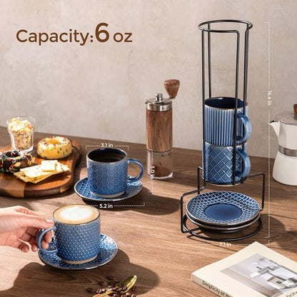 GBhome 6 OZ Stackable Coffee Mugs Set of 4, Ceramic Espresso Coffee Cups | - Image 2