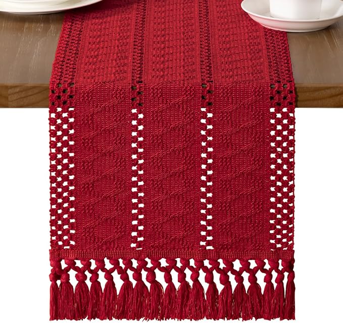 MLMW Boho Red Table Runner Farmhouse Burlap Small Table Runner Dresser Runner | - Image 3