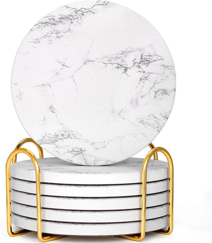 Absorbent Ceramic Coasters Set of 6, Modern Marble Style Drink Coasters | 4 by GOHDODD