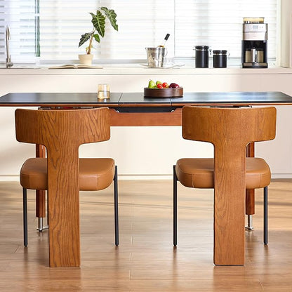 Brown Dining Chairs Set of 2,Faux Leather Dining Chairs with Soft Cushion,Comfortable Upholstered Armless Dining Room Chairs with Curved Plywood Back