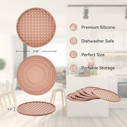 Coasters for Drinks, Silicone Coasters Set of 12 with Metal Holder, Outdoor Coaster for Coffee Table, Non-Slip Rubber Table Cup Mat Desk, Heat Resistant & Scratch-Proof (Dusty Pink)