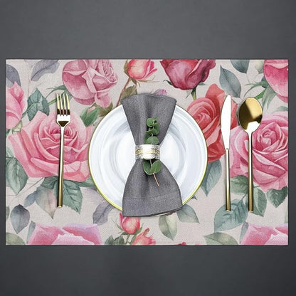 Pink Rose Placemats Set of 4, Washable Elegant Vintage Placemats, Non-Slip Table Rectangle Linen Place Mats for Kitchen Dining Party Farmhouse Home Indoor Table Decor