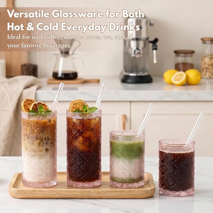 Pink Drinking Glasses Set of 8, 12 Oz Highball & 10 Oz Cocktail Glasses - Image 4