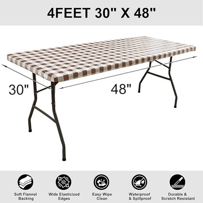 Smiry Rectangle Picnic Table Cloth, Elastic Waterproof Fitted Vinyl Tablecloths, Flannel Backed Buffalo Plaid Table Covers for Dining, Camping, Outdoor (White and Brown, 30" x 48")