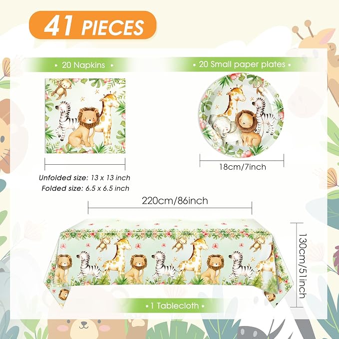 41Pcs Safari Baby Shower Decorations, Jungle Safari Theme Party Tableware - Image 2