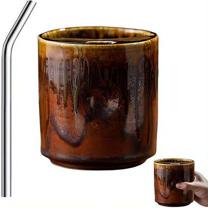 18oz Ceramic Coffee Mug with Sip Lid, Handleless Tumbler in a Vintage Kiln Style by Unknown