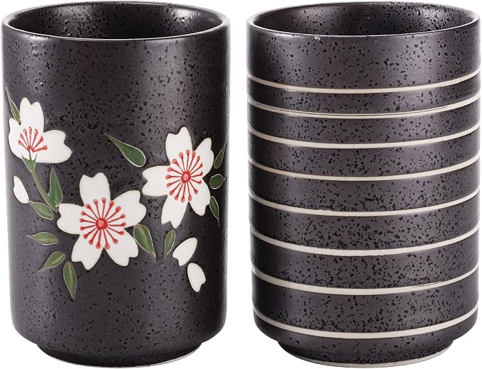 Hedume Set of 2 Japanese Tea Cups, 10oz Ceramic Teacup Mug, Japanese Cherry by Hedume