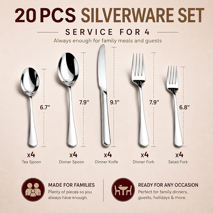 KIKCOIN 20-Pc Silverware Set for 4, Heavy Duty Stainless Steel Flatware Set | - Image 5