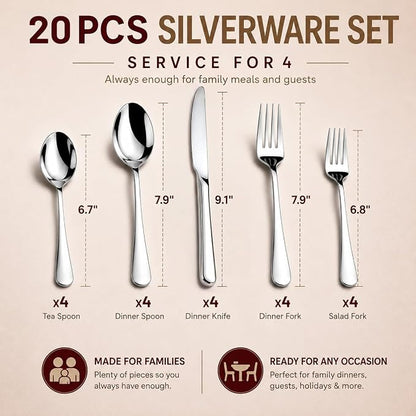 KIKCOIN 20-Pc Silverware Set for 4, Heavy Duty Stainless Steel Flatware Set | - Image 5