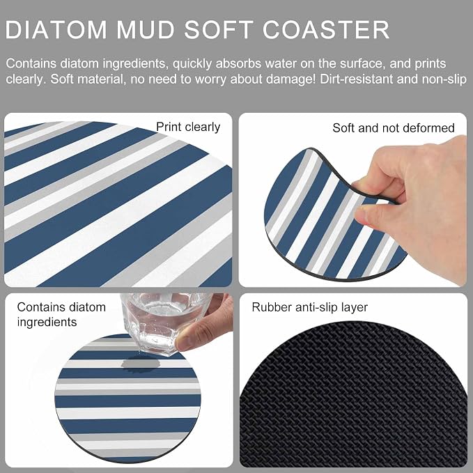 Navy Blue Grey Stripe Coasters Set of 2, Minimalist Farmhouse Striped Soft - Image 9