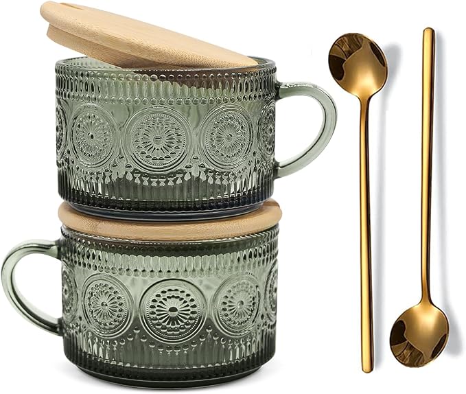 Vintage Coffee Mugs Set of 2 Green, 14 Oz Overnight Oats Containers by JVJRFQ
