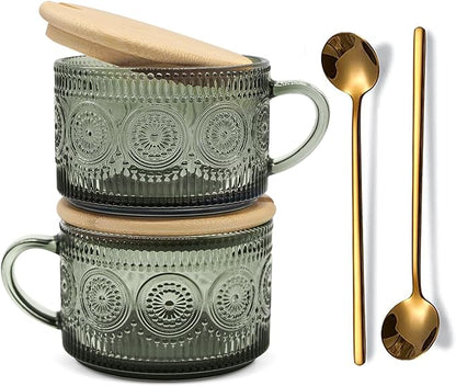 Vintage Coffee Mugs Set of 2 Green, 14 Oz Overnight Oats Containers by JVJRFQ