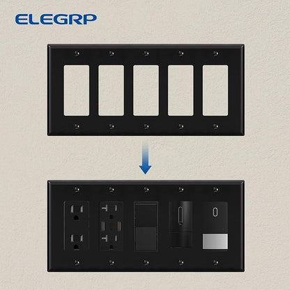 ELEGRP 5-Gang Decorative Wall Plates, Standard Size 4.52" H x 10.03" L Unbreakable Thermoplastic Faceplate Cover for Decorator Receptacle Outlet Switch, UL Listed (1 Pack, Glossy Black)