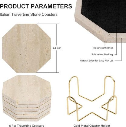 Octagonal Travertine Coasters Set of 6 with Gold Holder, Farmhouse Rustic Neutral Style Coaster for Home Table Decor, Porous Natural Travertine Absorbent Drink Coasters, Velvet Backed