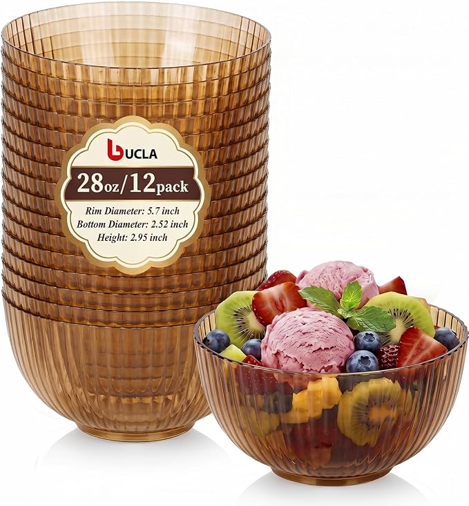 bUCLA 12 PCS Plastic Cereal Bowls Set - 28 Oz Clear Brown Disposable Vertical by BUCLA