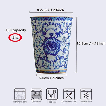 Blue and White Floral Porcelain Tea Cups Set of 2 | No Handle, Bone China - Image 7