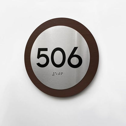 Bsign Round Door Number Sign - Wood Stainless Steel Plate - Custom Door Plates