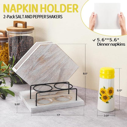 Rustic Farmhouse Napkin Holder Set - Natural Wood Kitchen Organizer with Sunflower 2 Salt & Pepper Shakers for Countryside Dining & Minimalist Home Decor (Gift Ready)
