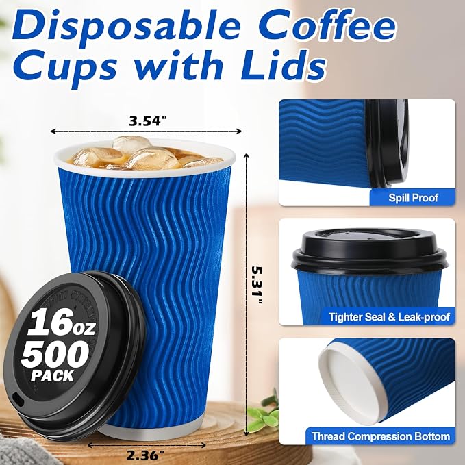 500 Pack 16 oz Insulated Disposable Paper Coffee Cups - Image 2