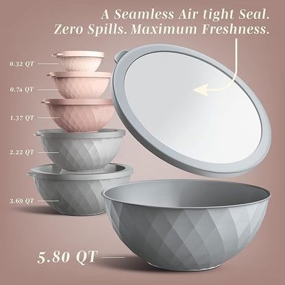 COOK WITH COLOR Mixing Bowls with Lids - 12 Piece Plastic Nesting Bowls Set includes 6 Prep Bowls and 6 Lids, Diamond Design - Microwave Safe, Pink and Grey