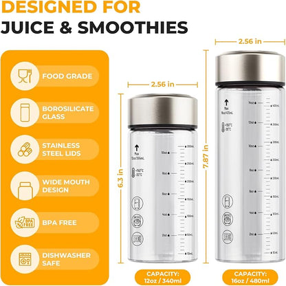 Sursip Wide Mouth Borosilicate Glass Juice Bottles 12oz 6 Pack - Image 3