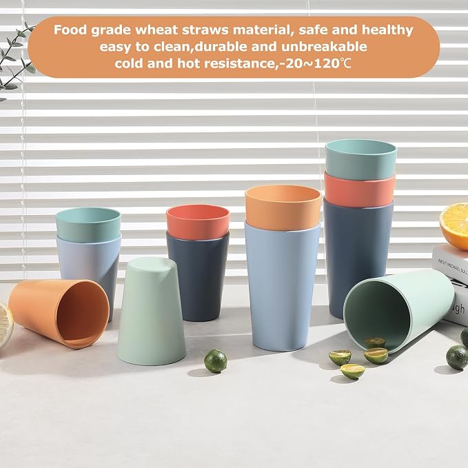 HEYCOME Set of 12 Wheat Straw Cups, Reusable Plastic Cups Sets - Image 4