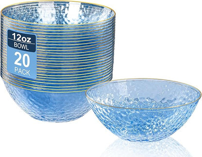 I00000 20 Pack 12 Ounce Blue Plastic Bowls Hammered Gold Rimmed Crystal Like, Heavy duty Disposable Bowl Set,Elegant Soup/Salad/Dessert/Ice Cream Bowls For Party, Weddings, Catering