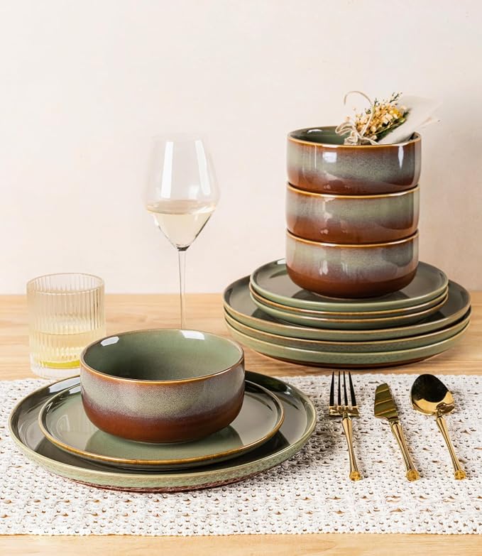 Ceramic Dinnerware Set for 4, 12-Piece Plates and Bowls Set | Handmade Reactive - Image 6