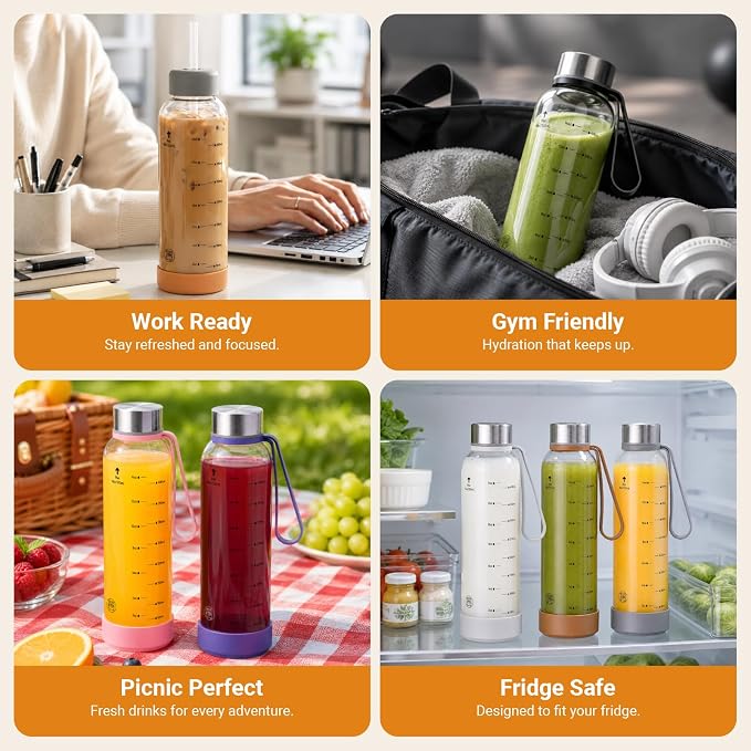 Sursip 18 oz Glass Water Bottles, 6 Pack | BPA-Free Reusable, Measurement - Image 7