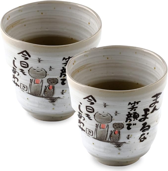 Japanese Tea Cups Handleless Coffee Mugs Jizo Statue Design 6.4 oz Set of 2 | by ProductofGifuJapan