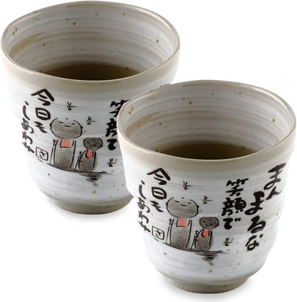 Japanese Tea Cups Handleless Coffee Mugs Jizo Statue Design 6.4 oz Set of 2 | by ProductofGifuJapan