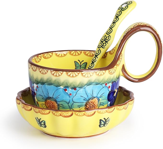 silesia Handmade Loop Handle Soup Bowl, Plate and Spoon Set Ceramic Hand by silesia