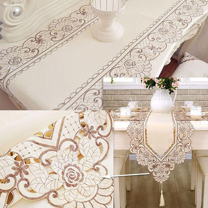 LeLehome 15 Inch X 96 Inch Table Runner, Classic Brown Flowers Embroidery Home - Image 4