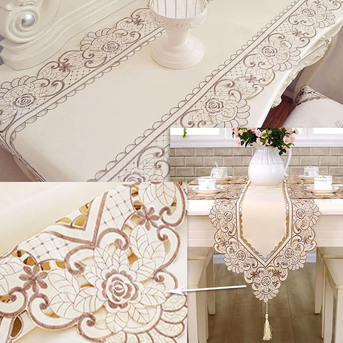 LeLehome 15 X 104 Inch Table Runner, Flowers Embroidered Beige Floral Dresser - Image 3