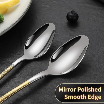 Lemeya Hammered Silver Gold Silverware Set for 8,Stainless Steel 40-Piece Modern Cutlery Set,Mirror Polished Heavy Duty Flatware Set Utensil Set,Knives Spoons and Forks Set,Dishwasher Safe